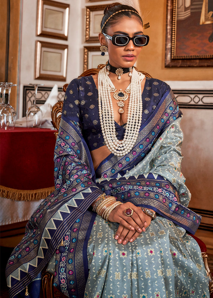 Shades of Blue Silk Saree with Patola Prints