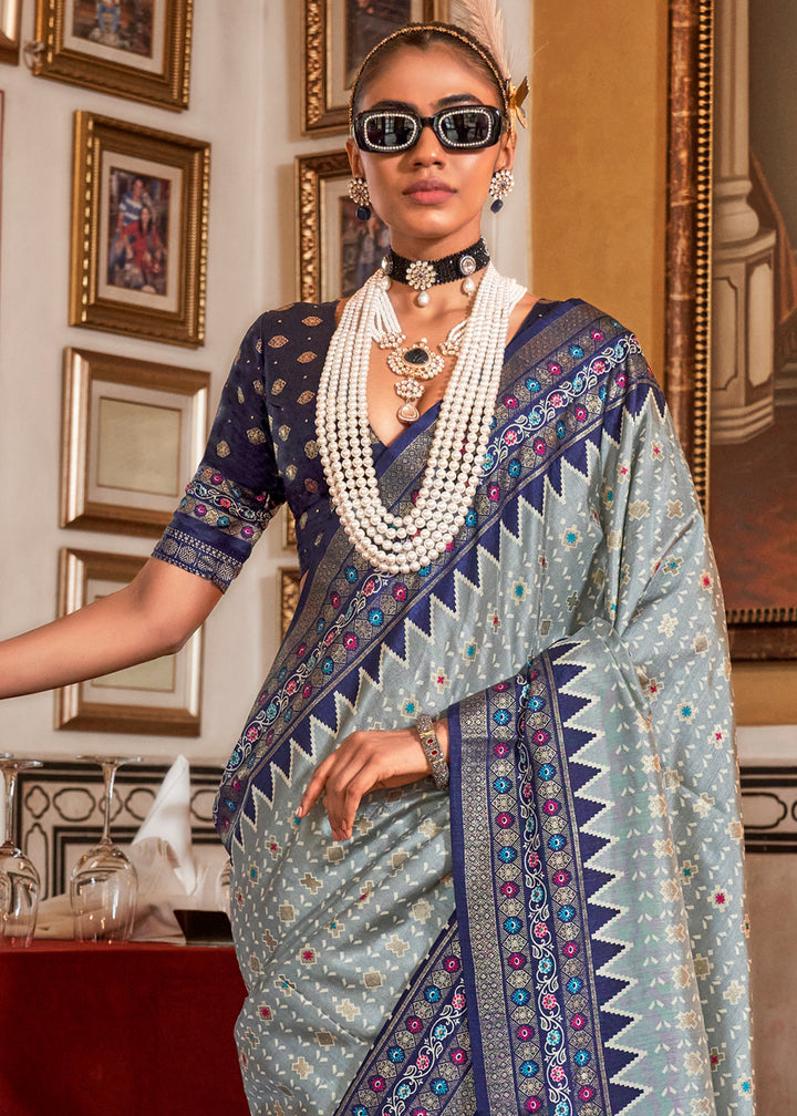 Shades of Blue Silk Saree with Patola Prints