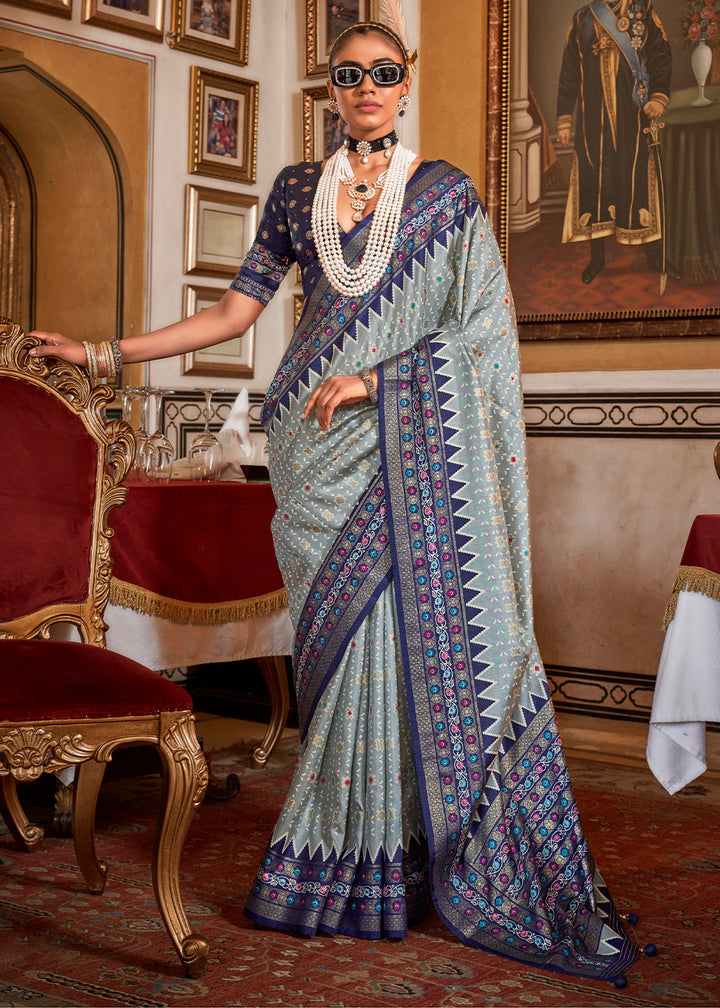Shades of Blue Silk Saree with Patola Prints