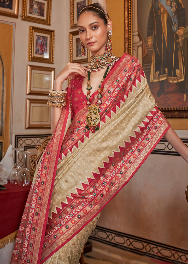 Tea Green & Red Silk Saree with Patola Prints