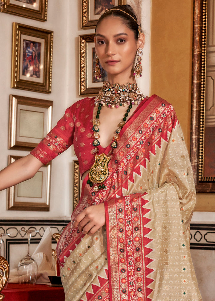 Tea Green & Red Silk Saree with Patola Prints