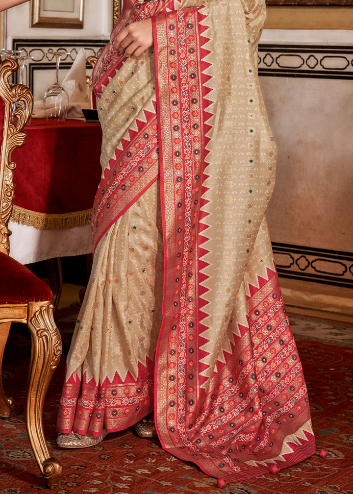 Tea Green & Red Silk Saree with Patola Prints