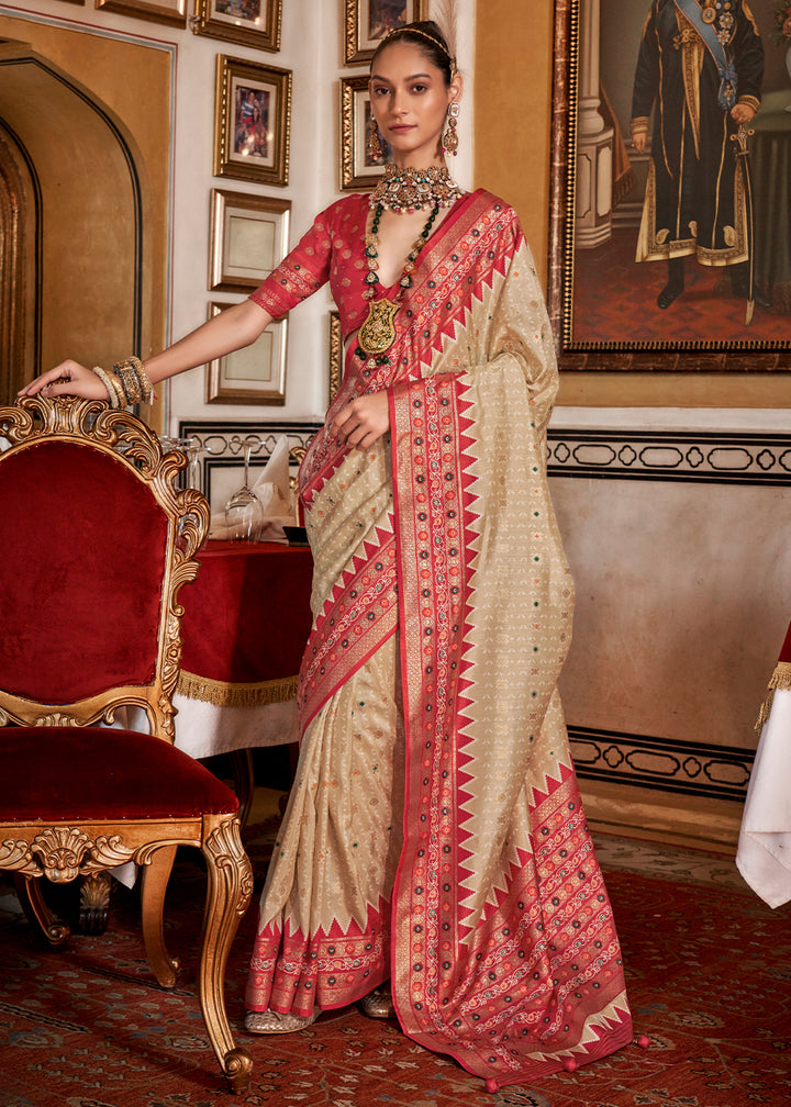 Tea Green & Red Silk Saree with Patola Prints
