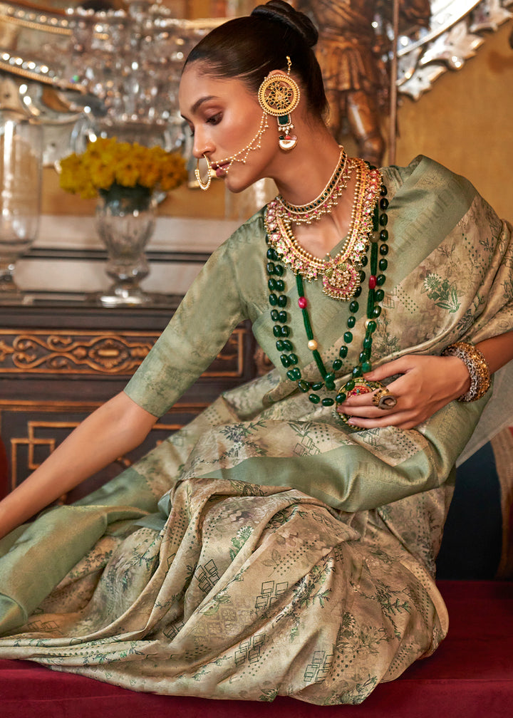 Frog Green & White Tussar Silk Saree Adorned with Digital Prints and Zari Border