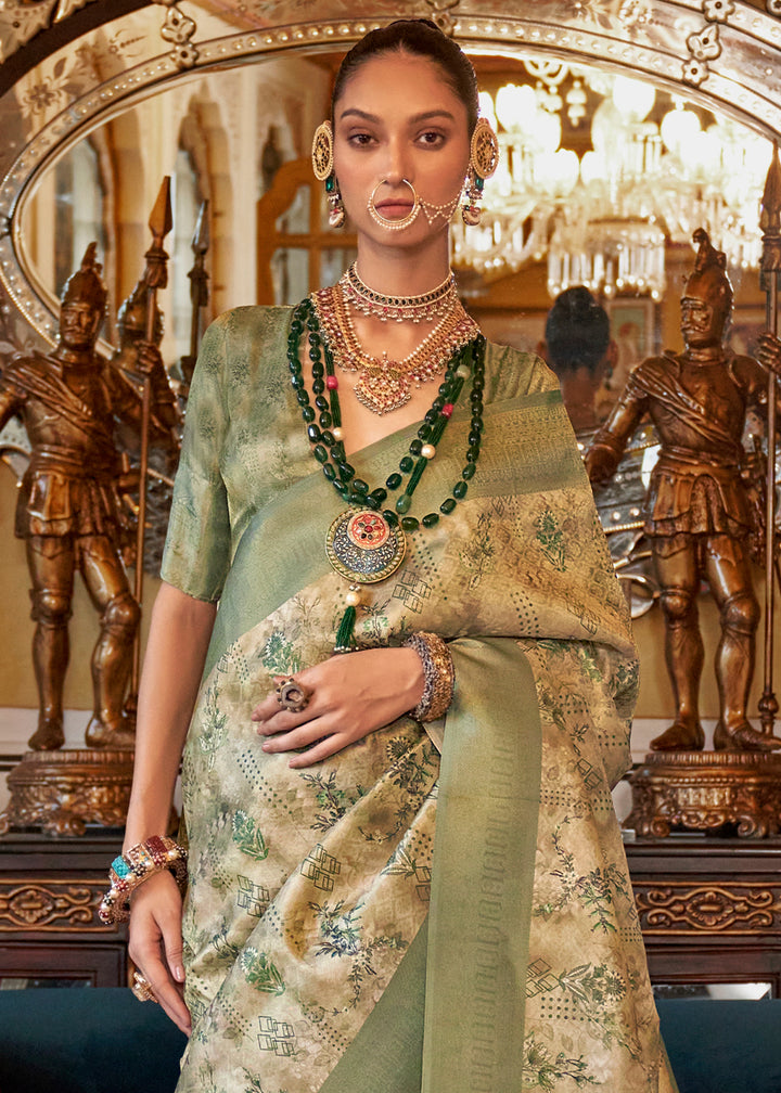 Frog Green & White Tussar Silk Saree Adorned with Digital Prints and Zari Border