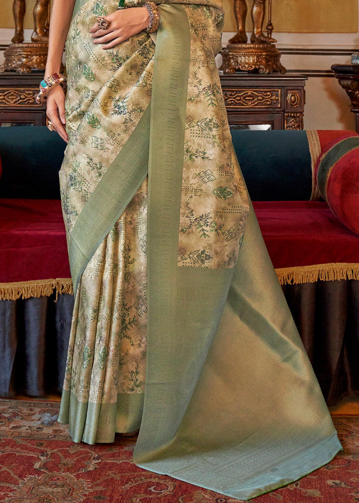 Frog Green & White Tussar Silk Saree Adorned with Digital Prints and Zari Border