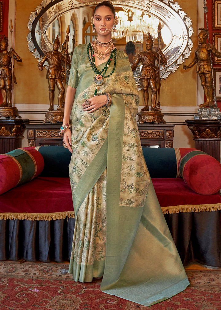 Frog Green & White Tussar Silk Saree Adorned with Digital Prints and Zari Border