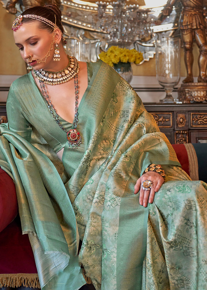 Jade Green & White Tussar Silk Saree Adorned with Digital Prints and Zari Border