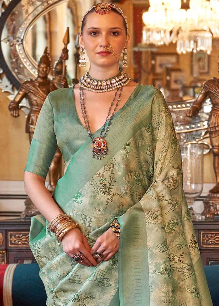 Jade Green & White Tussar Silk Saree Adorned with Digital Prints and Zari Border