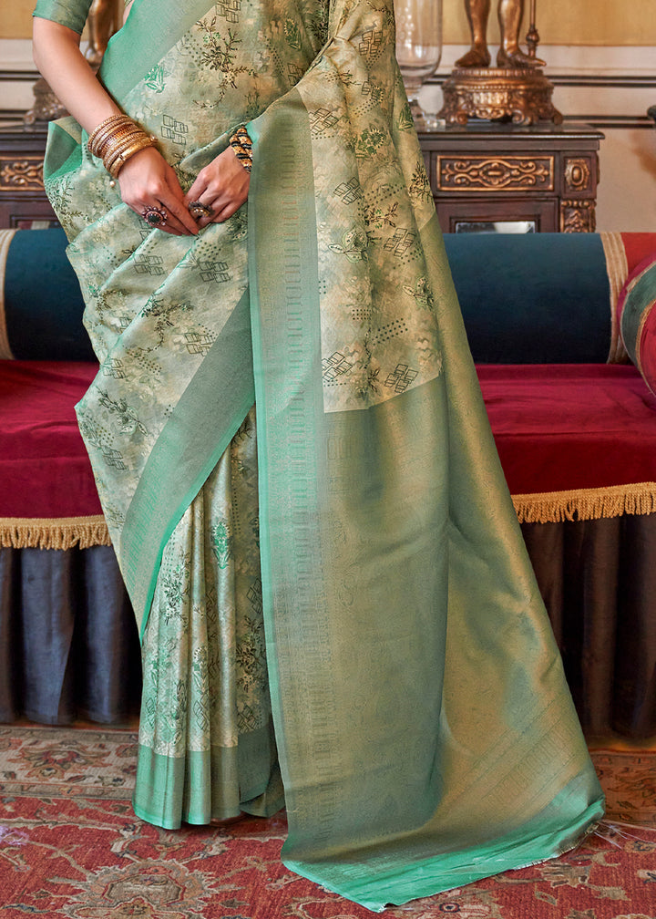 Jade Green & White Tussar Silk Saree Adorned with Digital Prints and Zari Border