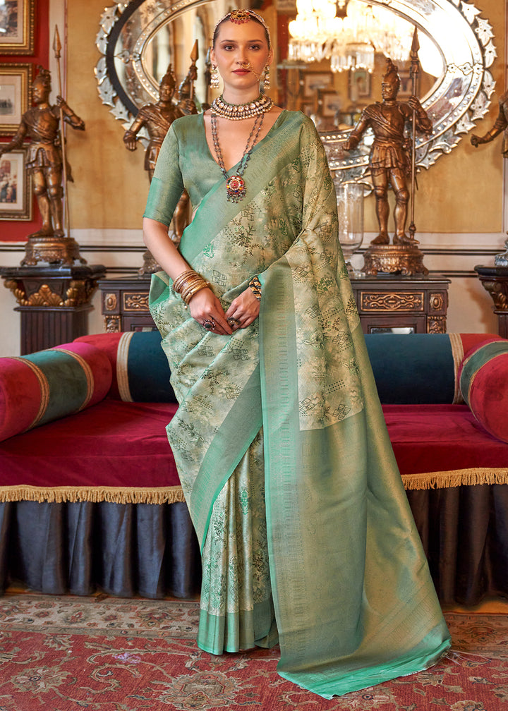 Jade Green & White Tussar Silk Saree Adorned with Digital Prints and Zari Border