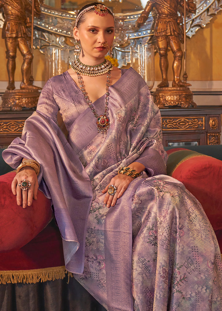 Shades Of Purple Tussar Silk Saree Adorned with Digital Prints and Zari Border