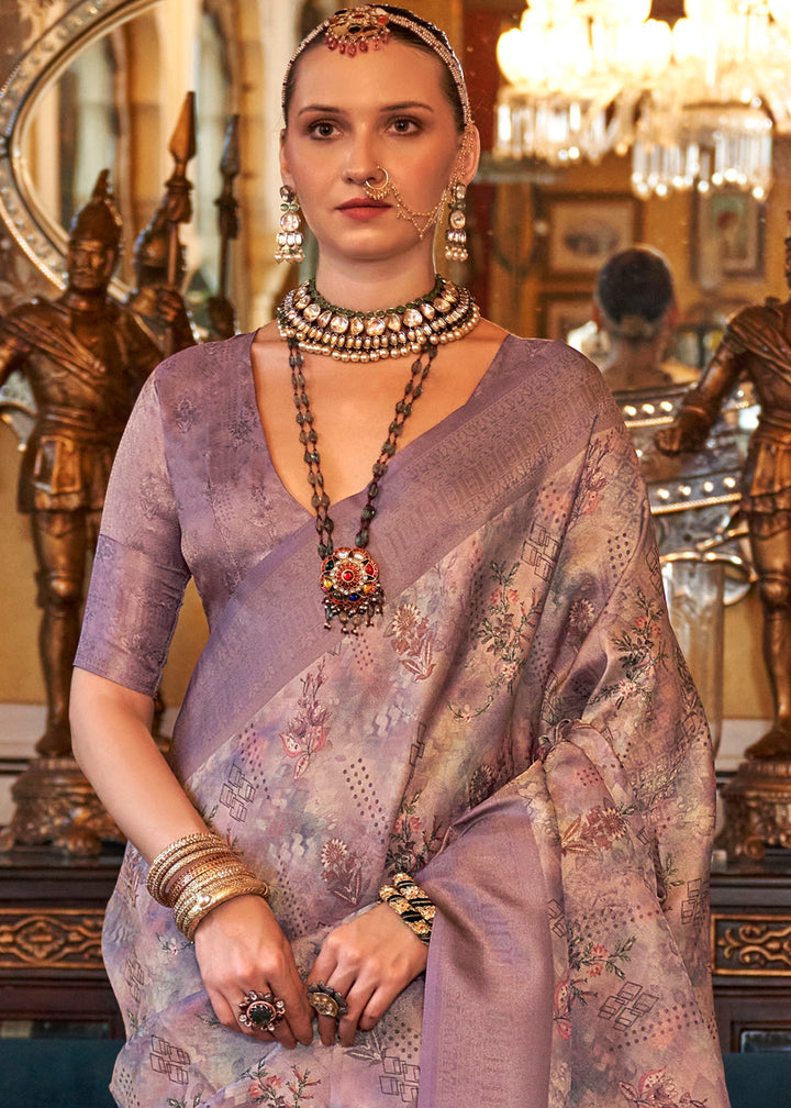 Shades Of Purple Tussar Silk Saree Adorned with Digital Prints and Zari Border