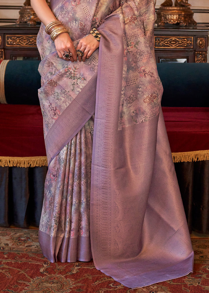 Shades Of Purple Tussar Silk Saree Adorned with Digital Prints and Zari Border