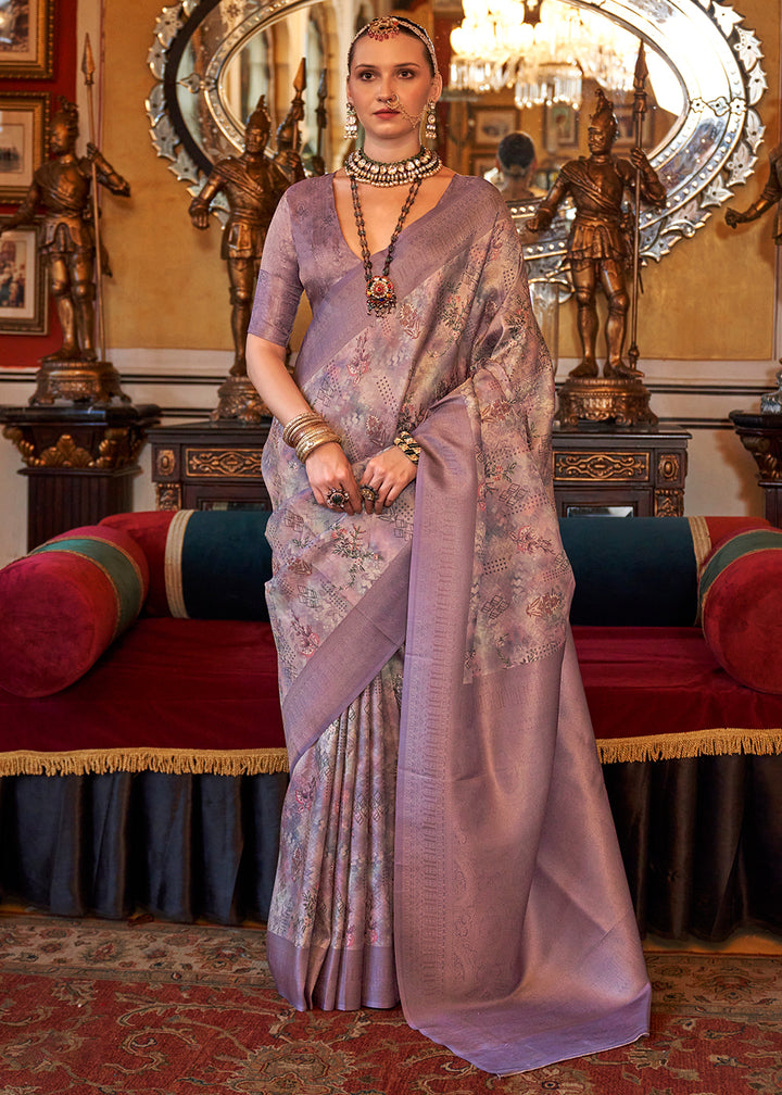 Shades Of Purple Tussar Silk Saree Adorned with Digital Prints and Zari Border