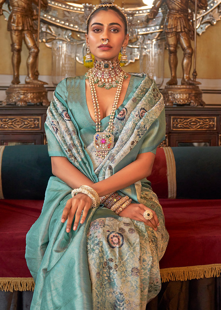 Viridian Green Tussar Silk Saree Adorned with Digital Prints and Zari Border