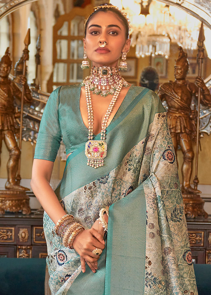 Viridian Green Tussar Silk Saree Adorned with Digital Prints and Zari Border