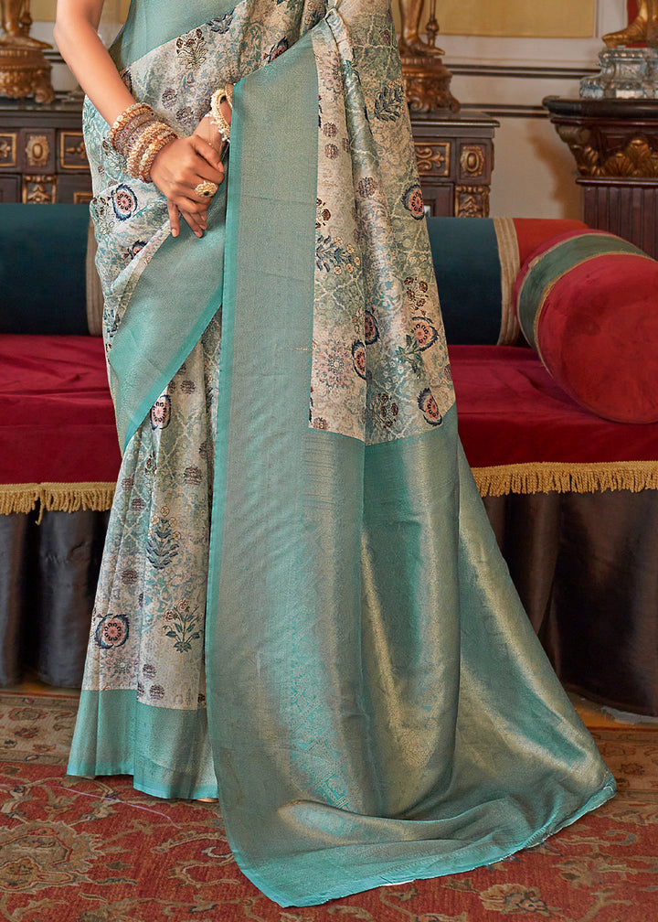 Viridian Green Tussar Silk Saree Adorned with Digital Prints and Zari Border