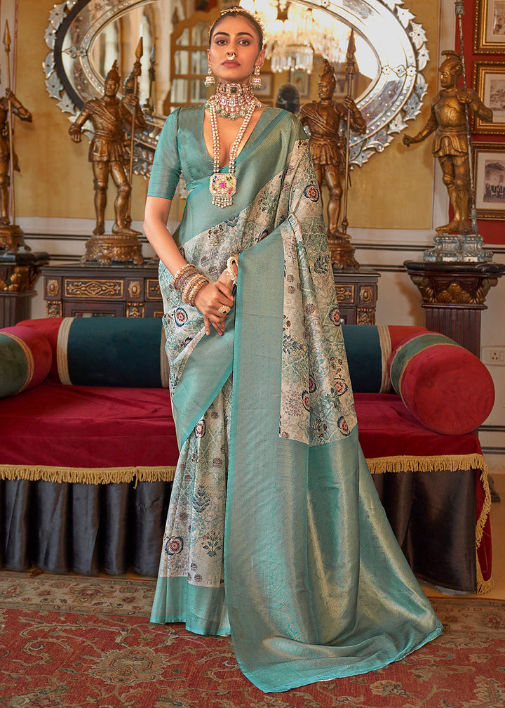 Viridian Green Tussar Silk Saree Adorned with Digital Prints and Zari Border
