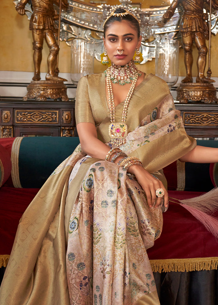 Mellow Brown Tussar Silk Saree Adorned with Digital Prints and Zari Border