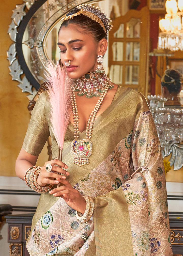 Mellow Brown Tussar Silk Saree Adorned with Digital Prints and Zari Border