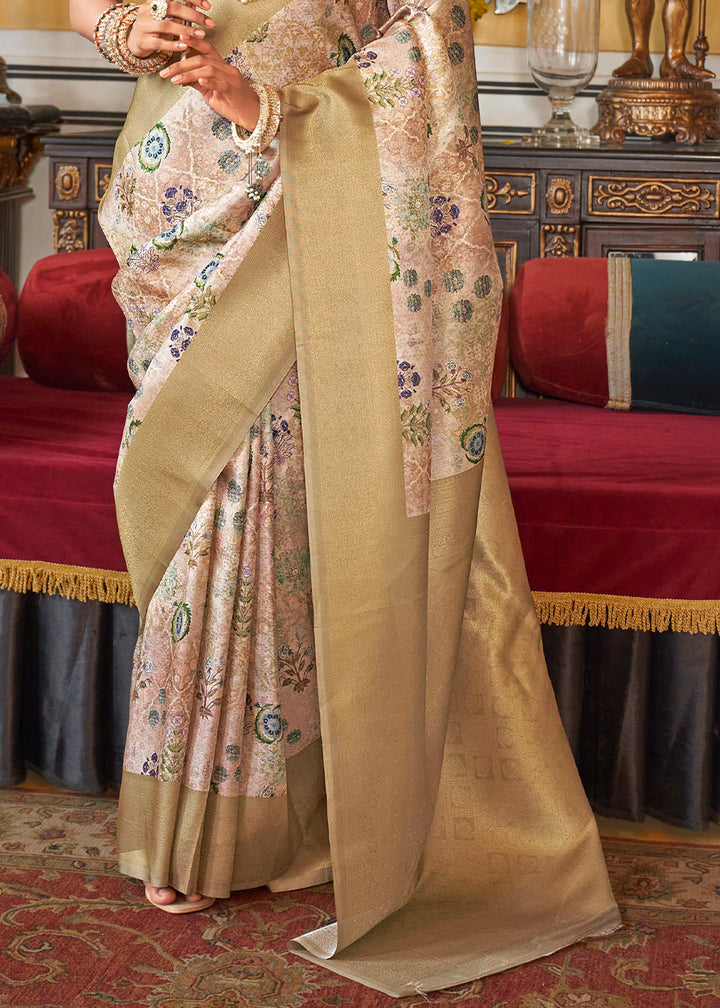 Mellow Brown Tussar Silk Saree Adorned with Digital Prints and Zari Border