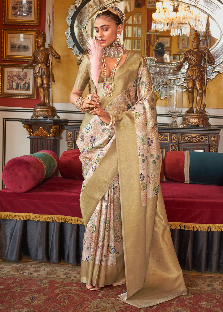 Mellow Brown Tussar Silk Saree Adorned with Digital Prints and Zari Border
