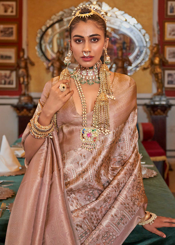 Brown Hued Tussar Silk Saree with Zari Border & Digital Prints