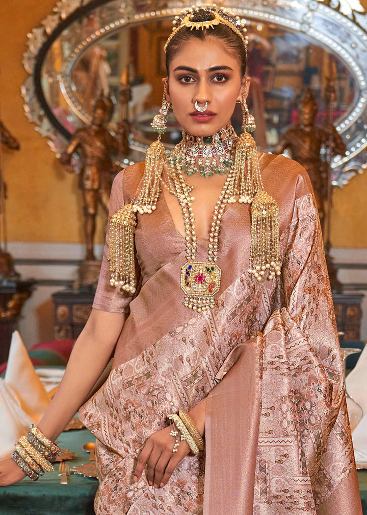 Brown Hued Tussar Silk Saree with Zari Border & Digital Prints