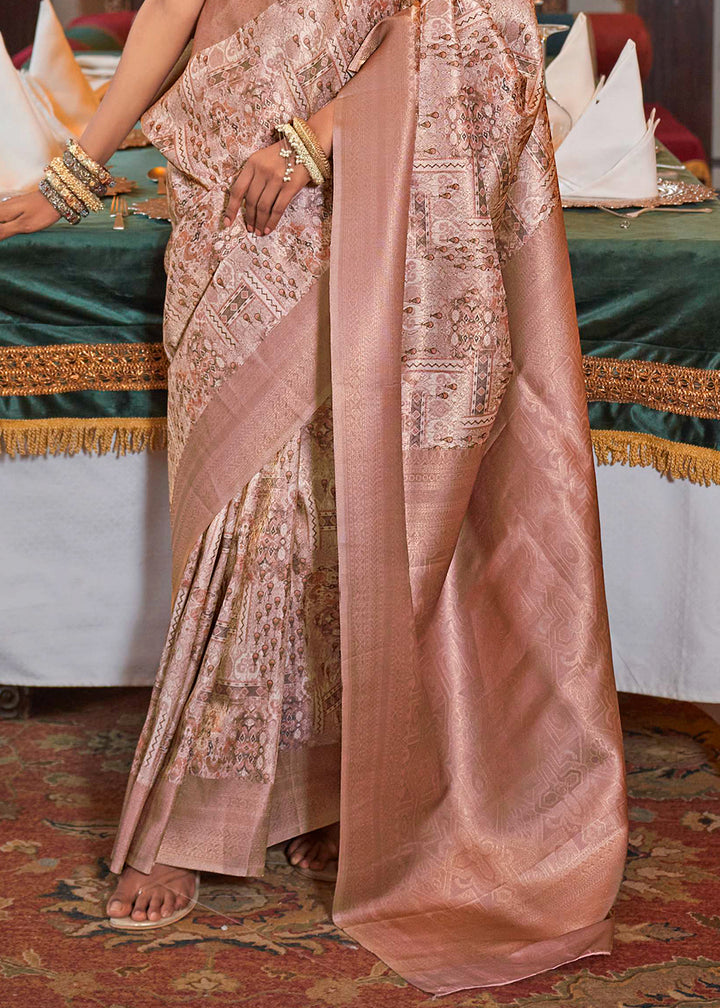 Brown Hued Tussar Silk Saree with Zari Border & Digital Prints