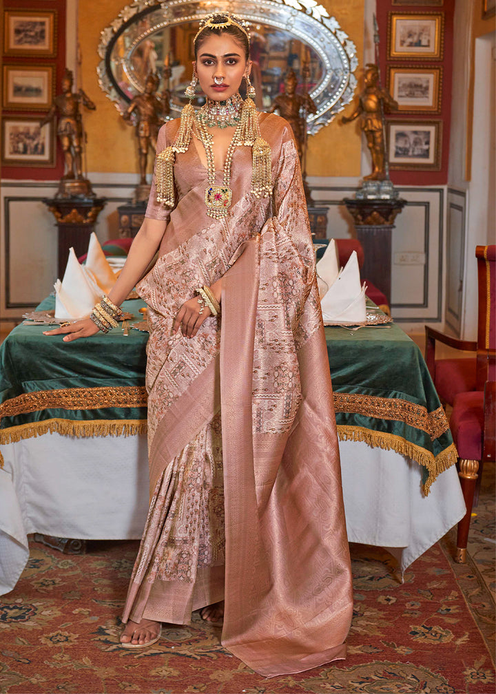 Brown Hued Tussar Silk Saree with Zari Border & Digital Prints