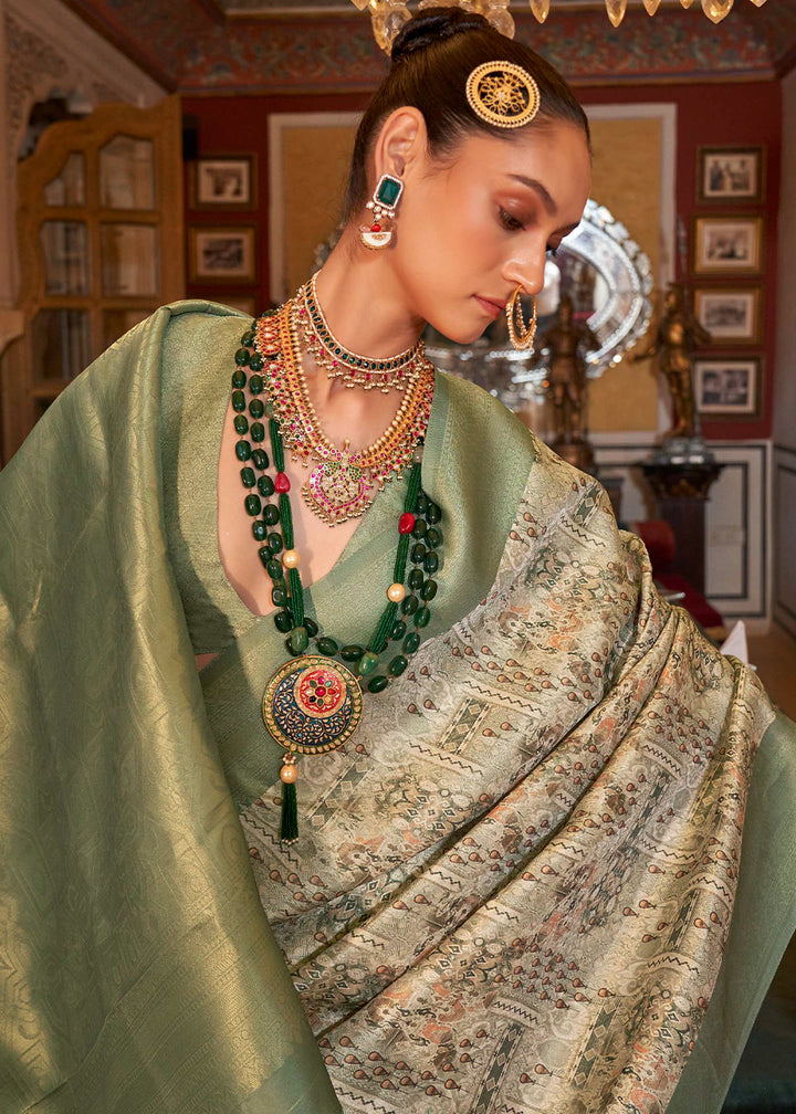 Green & White Tussar Silk Saree Adorned with Digital Prints and Zari Border