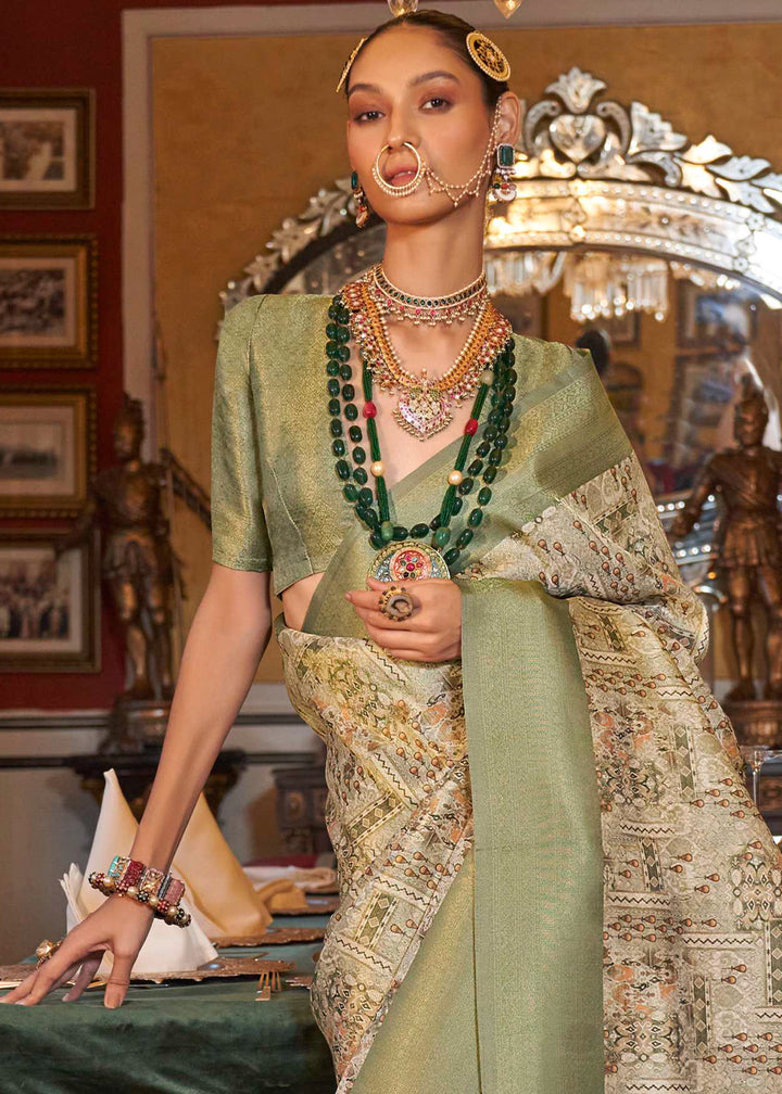 Green & White Tussar Silk Saree Adorned with Digital Prints and Zari Border