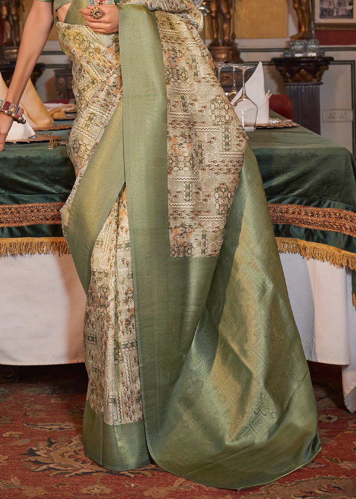 Green & White Tussar Silk Saree Adorned with Digital Prints and Zari Border