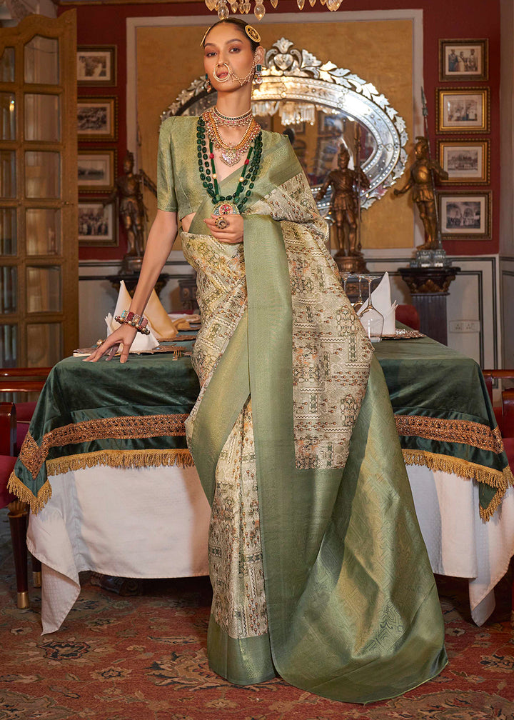 Green & White Tussar Silk Saree Adorned with Digital Prints and Zari Border