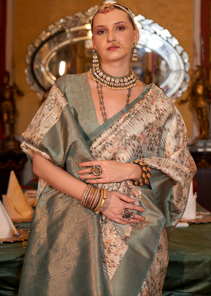 Grey & White Tussar Silk Saree Adorned with Digital Prints and Zari Border