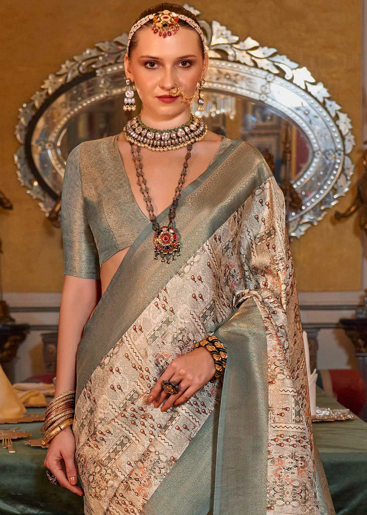 Grey & White Tussar Silk Saree Adorned with Digital Prints and Zari Border