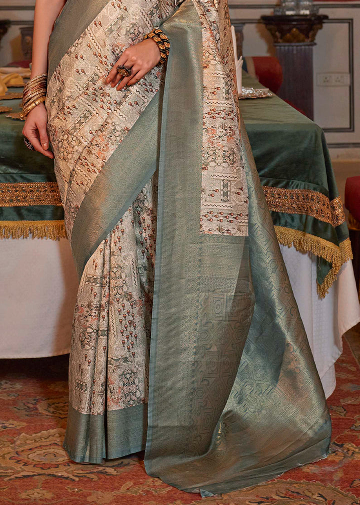Grey & White Tussar Silk Saree Adorned with Digital Prints and Zari Border