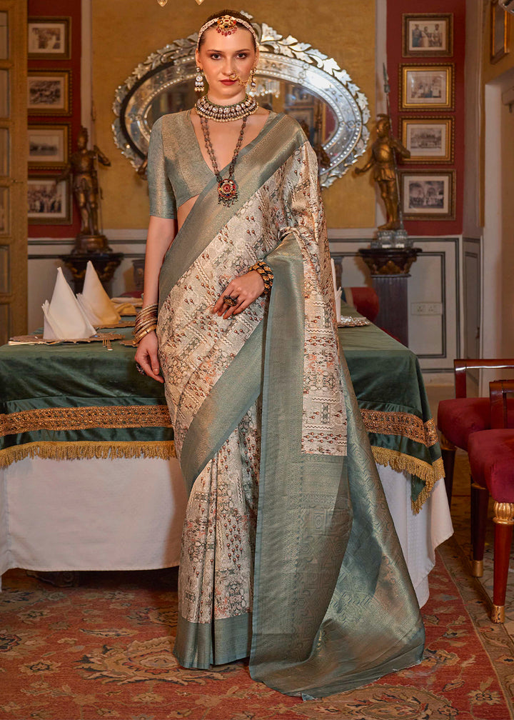 Grey & White Tussar Silk Saree Adorned with Digital Prints and Zari Border