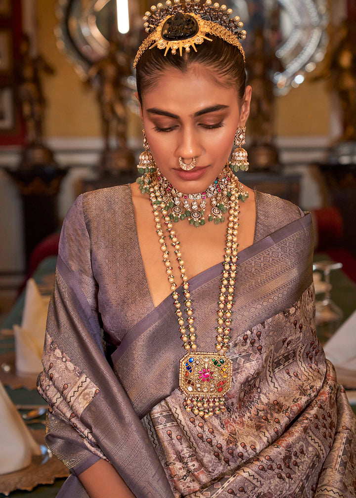 Purple & White Tussar Silk Saree Adorned with Digital Prints and Zari Border