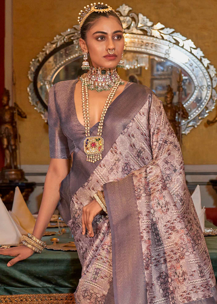 Purple & White Tussar Silk Saree Adorned with Digital Prints and Zari Border