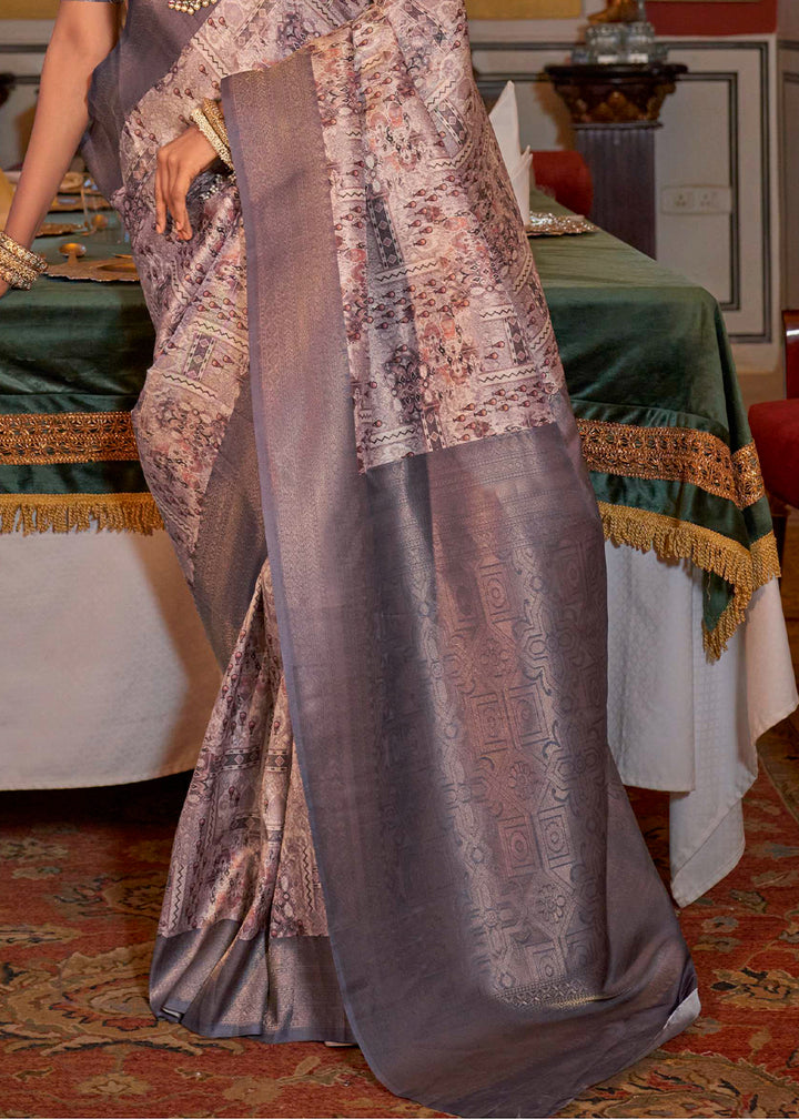 Purple & White Tussar Silk Saree Adorned with Digital Prints and Zari Border