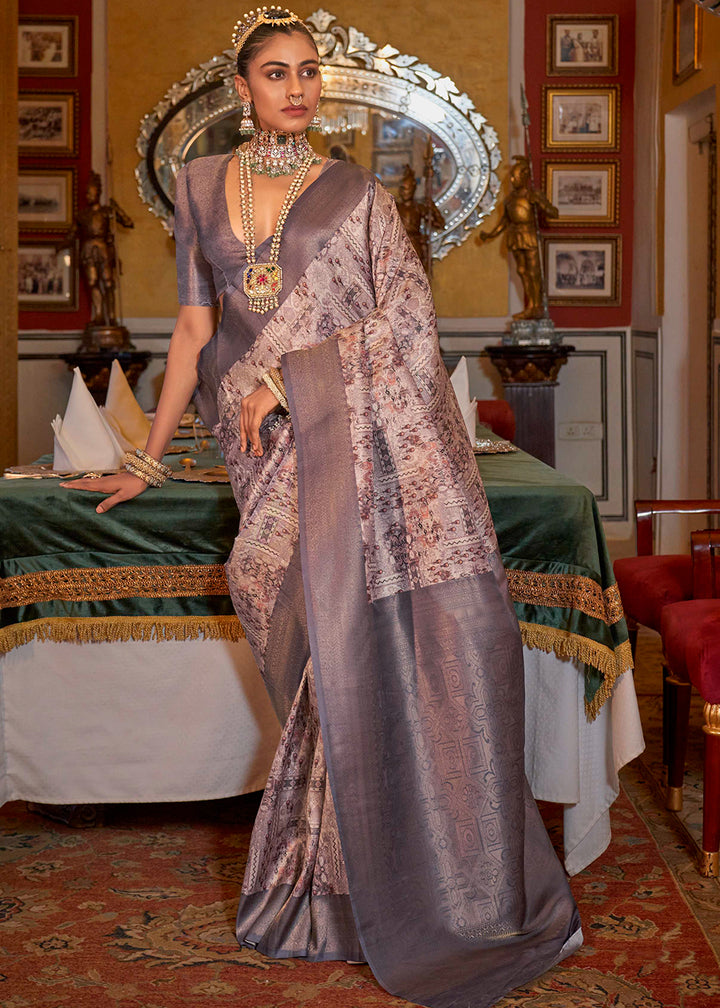 Purple & White Tussar Silk Saree Adorned with Digital Prints and Zari Border