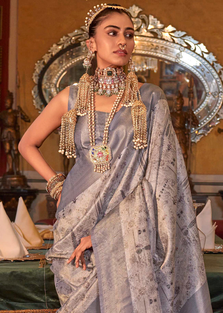 Wistful Purple & White Tussar Silk Saree Adorned with Digital Prints and Zari Border
