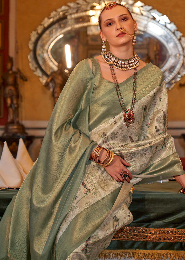 Frog Green & White Tussar Silk Saree Adorned with Digital Prints and Zari Border