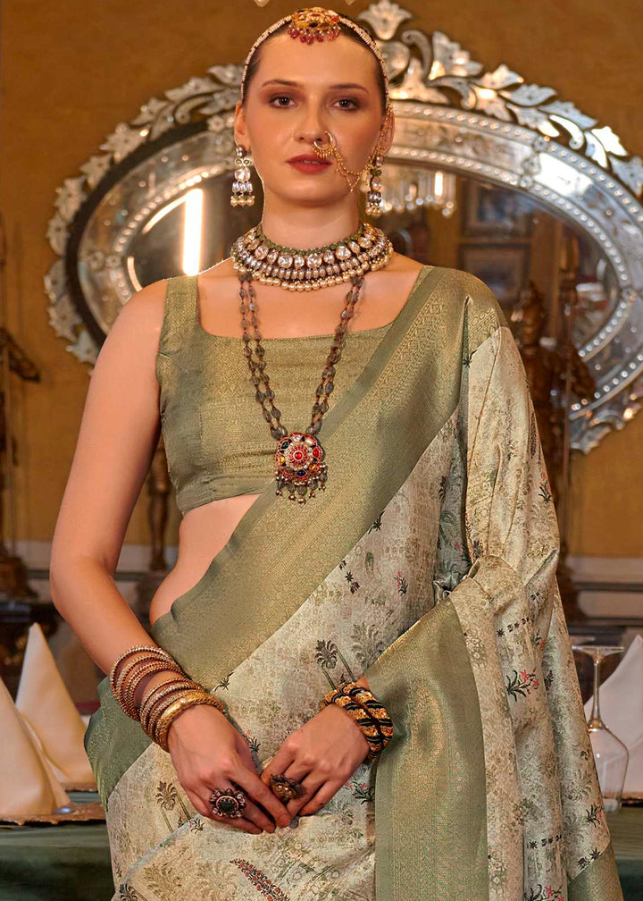 Frog Green & White Tussar Silk Saree Adorned with Digital Prints and Zari Border