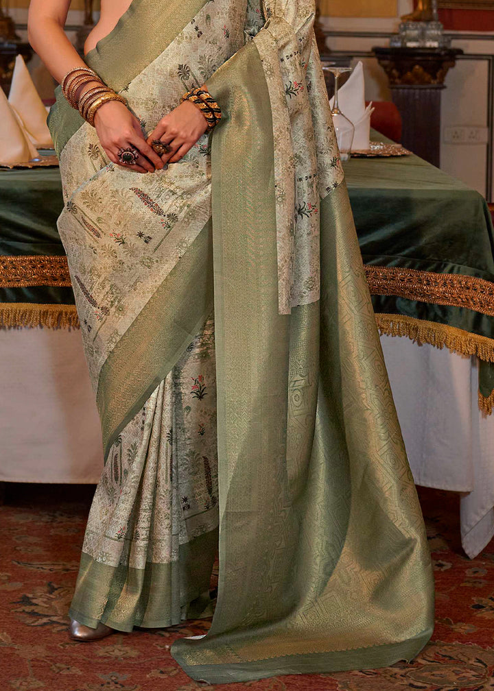 Frog Green & White Tussar Silk Saree Adorned with Digital Prints and Zari Border
