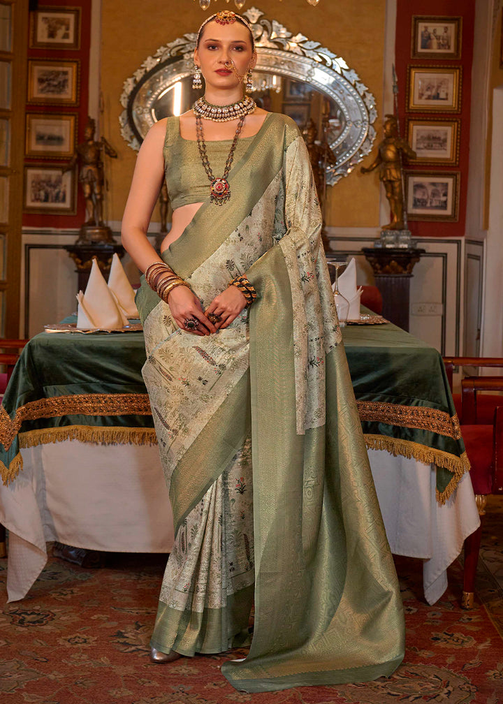 Frog Green & White Tussar Silk Saree Adorned with Digital Prints and Zari Border