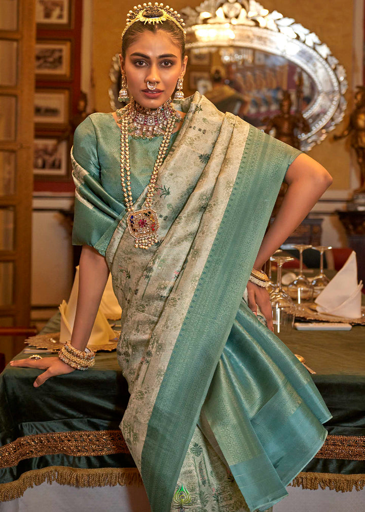 Blue & White Tussar Silk Saree Adorned with Digital Prints and Zari Border