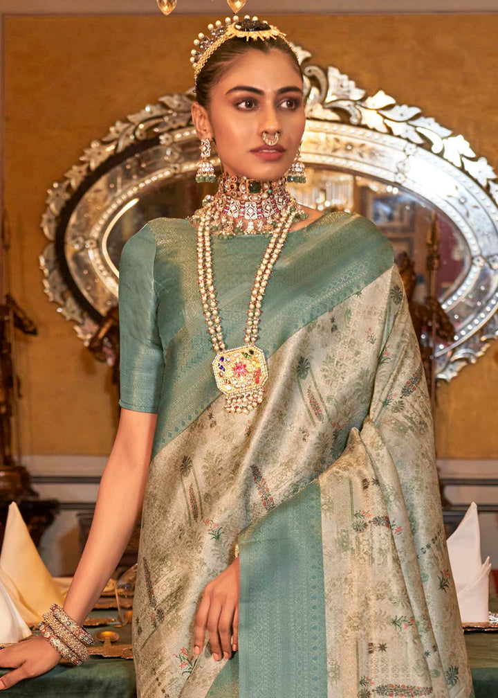 Blue & White Tussar Silk Saree Adorned with Digital Prints and Zari Border